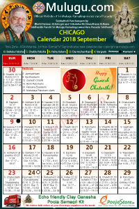Chicago (USA) Telugu Calendar 2018 September with Tithi, Nakshatram, Durmuhurtham Timings, Varjyam Timings and Rahukalam (Samayam's)Timings