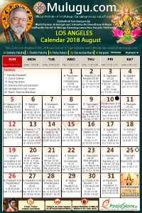 Los-Angeles (USA) Telugu Calendar 2018 August with Tithi, Nakshatram, Durmuhurtham Timings, Varjyam Timings and Rahukalam (Samayam's)Timings