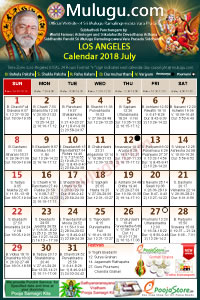 Los-Angeles (USA) Telugu Calendar 2018 July with Tithi, Nakshatram, Durmuhurtham Timings, Varjyam Timings and Rahukalam (Samayam's)Timings