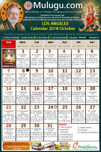 Los-Angeles (USA) Telugu Calendar 2018 October with Tithi, Nakshatram, Durmuhurtham Timings, Varjyam Timings and Rahukalam (Samayam's)Timings