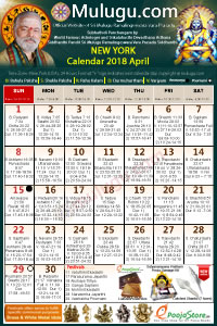 New-York (USA) Telugu Calendar 2018 April with Tithi, Nakshatram, Durmuhurtham Timings, Varjyam Timings and Rahukalam (Samayam's)Timings