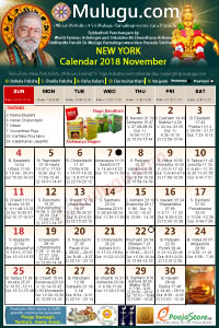 New-York (USA) Telugu Calendar 2018 November with Tithi, Nakshatram, Durmuhurtham Timings, Varjyam Timings and Rahukalam (Samayam's)Timings