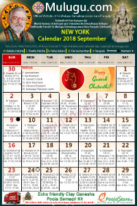 New-York (USA) Telugu Calendar 2018 September with Tithi, Nakshatram, Durmuhurtham Timings, Varjyam Timings and Rahukalam (Samayam's)Timings