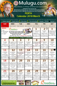 Perth (USA) Telugu Calendar 2018 March with Tithi, Nakshatram, Durmuhurtham Timings, Varjyam Timings and Rahukalam (Samayam's)Timings