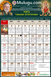 Perth (USA) Telugu Calendar 2018 October with Tithi, Nakshatram, Durmuhurtham Timings, Varjyam Timings and Rahukalam (Samayam's)Timings