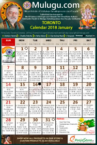 Toronto (USA) Telugu Calendar 2018 January with Tithi, Nakshatram, Durmuhurtham Timings, Varjyam Timings and Rahukalam (Samayam's)Timings