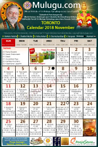 Toronto (USA) Telugu Calendar 2018 November with Tithi, Nakshatram, Durmuhurtham Timings, Varjyam Timings and Rahukalam (Samayam's)Timings