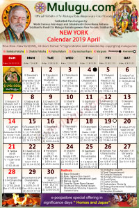 New-York (USA) Telugu Calendar 2019 April with Tithi, Nakshatram, Durmuhurtham Timings, Varjyam Timings and Rahukalam (Samayam's)Timings