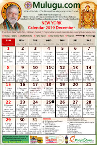 New-York (USA) Telugu Calendar 2019 December with Tithi, Nakshatram, Durmuhurtham Timings, Varjyam Timings and Rahukalam (Samayam's)Timings