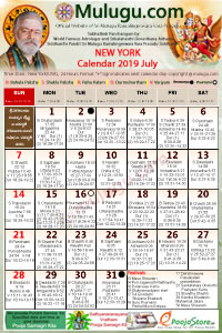 New-York (USA) Telugu Calendar 2019 July with Tithi, Nakshatram, Durmuhurtham Timings, Varjyam Timings and Rahukalam (Samayam's)Timings