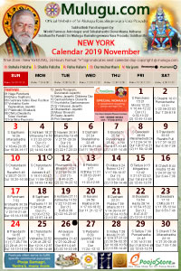 New-York (USA) Telugu Calendar 2019 November with Tithi, Nakshatram, Durmuhurtham Timings, Varjyam Timings and Rahukalam (Samayam's)Timings