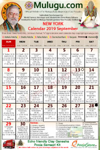 New-York (USA) Telugu Calendar 2019 September with Tithi, Nakshatram, Durmuhurtham Timings, Varjyam Timings and Rahukalam (Samayam's)Timings