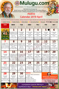 Perth (USA) Telugu Calendar 2019 April with Tithi, Nakshatram, Durmuhurtham Timings, Varjyam Timings and Rahukalam (Samayam's)Timings