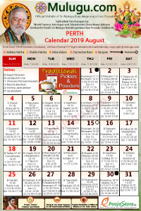Perth (USA) Telugu Calendar 2019 August with Tithi, Nakshatram, Durmuhurtham Timings, Varjyam Timings and Rahukalam (Samayam's)Timings