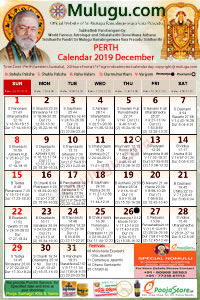 Perth (USA) Telugu Calendar 2019 December with Tithi, Nakshatram, Durmuhurtham Timings, Varjyam Timings and Rahukalam (Samayam's)Timings
