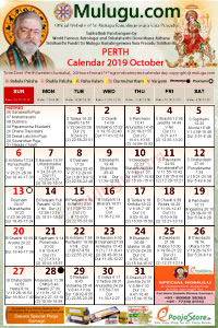 Perth (USA) Telugu Calendar 2019 October with Tithi, Nakshatram, Durmuhurtham Timings, Varjyam Timings and Rahukalam (Samayam's)Timings