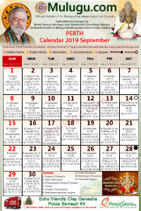 Perth (USA) Telugu Calendar 2019 September with Tithi, Nakshatram, Durmuhurtham Timings, Varjyam Timings and Rahukalam (Samayam's)Timings
