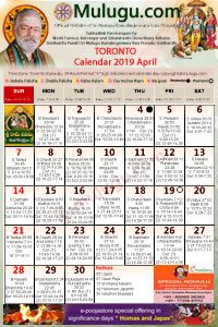 Toronto (Canada) Telugu Calendar 2019 April with Tithi, Nakshatram, Durmuhurtham Timings, Varjyam Timings and Rahukalam (Samayam's)Timings
