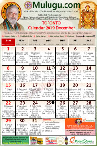 Toronto (Canada) Telugu Calendar 2019 December with Tithi, Nakshatram, Durmuhurtham Timings, Varjyam Timings and Rahukalam (Samayam's)Timings