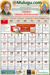 Toronto (Canada) Telugu Calendar 2019 November with Tithi, Nakshatram, Durmuhurtham Timings, Varjyam Timings and Rahukalam (Samayam's)Timings