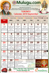 Toronto (Canada) Telugu Calendar 2019 September with Tithi, Nakshatram, Durmuhurtham Timings, Varjyam Timings and Rahukalam (Samayam's)Timings