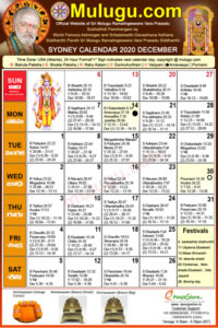 Sydney
(City in New South Wales)Telugu Calendar 2020 December with Tithi, Nakshatram, Durmuhurtham Timings, Varjyam Timings and Rahukalam (Samayam's)Timings