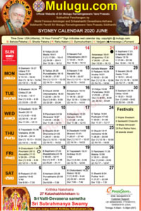 Sydney
(City in New South Wales)Telugu Calendar 2020 June with Tithi, Nakshatram, Durmuhurtham Timings, Varjyam Timings and Rahukalam (Samayam's)Timings