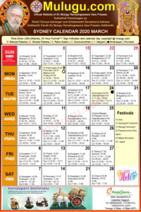 Sydney
(City in New South Wales)Telugu Calendar 2020 March with Tithi, Nakshatram, Durmuhurtham Timings, Varjyam Timings and Rahukalam (Samayam's)Timings