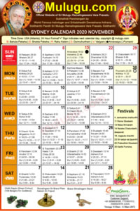 Sydney
(City in New South Wales)Telugu Calendar 2020 November with Tithi, Nakshatram, Durmuhurtham Timings, Varjyam Timings and Rahukalam (Samayam's)Timings