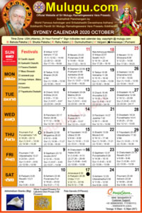 Sydney
(City in New South Wales)Telugu Calendar 2020 October with Tithi, Nakshatram, Durmuhurtham Timings, Varjyam Timings and Rahukalam (Samayam's)Timings