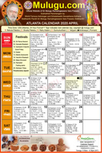 Atlanta (USA) Telugu Calendar 2020 April with Tithi, Nakshatram, Durmuhurtham Timings, Varjyam Timings and Rahukalam (Samayam's)Timings