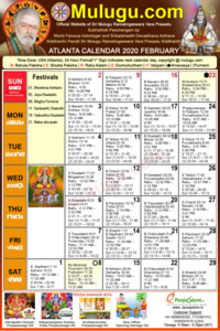 SAtlanta (USA) Telugu Calendar 2020 February with Tithi, Nakshatram, Durmuhurtham Timings, Varjyam Timings and Rahukalam (Samayam's)Timings