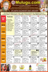 Atlanta (USA) Telugu Calendar 2020 January with Tithi, Nakshatram, Durmuhurtham Timings, Varjyam Timings and Rahukalam (Samayam's)Timings