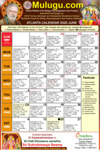 Atlanta (USA) Telugu Calendar 2020 June with Tithi, Nakshatram, Durmuhurtham Timings, Varjyam Timings and Rahukalam (Samayam's)Timings