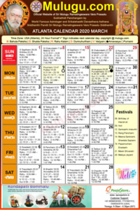 Atlanta (USA) Telugu Calendar 2020 March with Tithi, Nakshatram, Durmuhurtham Timings, Varjyam Timings and Rahukalam (Samayam's)Timings