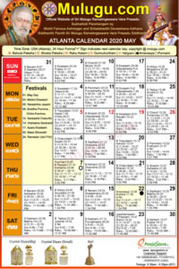 Atlanta (USA) Telugu Calendar 2020 May with Tithi, Nakshatram, Durmuhurtham Timings, Varjyam Timings and Rahukalam (Samayam's)Timings