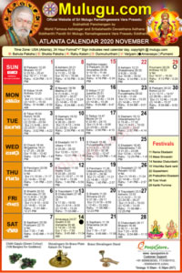 Atlanta (USA) Telugu Calendar 2020 November with Tithi, Nakshatram, Durmuhurtham Timings, Varjyam Timings and Rahukalam (Samayam's)Timings