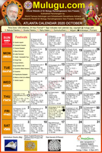 Atlanta (USA) Telugu Calendar 2020 October with Tithi, Nakshatram, Durmuhurtham Timings, Varjyam Timings and Rahukalam (Samayam's)Timings