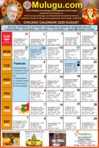 Chicago (USA) Telugu Calendar 2020 August with Tithi, Nakshatram, Durmuhurtham Timings, Varjyam Timings and Rahukalam (Samayam's)Timings