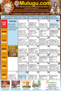 Chicago (USA) Telugu Calendar 2020 February with Tithi, Nakshatram, Durmuhurtham Timings, Varjyam Timings and Rahukalam (Samayam's)Timings
