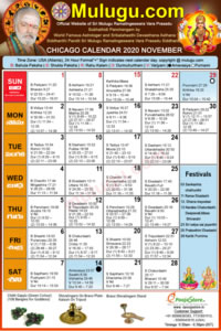 Chicago (USA) Telugu Calendar 2020 November with Tithi, Nakshatram, Durmuhurtham Timings, Varjyam Timings and Rahukalam (Samayam's)Timings
