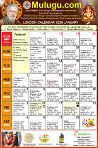 London Telugu Calendar 2020 January with Tithi, Nakshatram, Durmuhurtham Timings, Varjyam Timings and Rahukalam (Samayam's)Timings