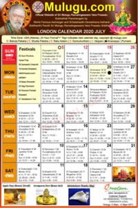 London Telugu Calendar 2020 July with Tithi, Nakshatram, Durmuhurtham Timings, Varjyam Timings and Rahukalam (Samayam's)Timings