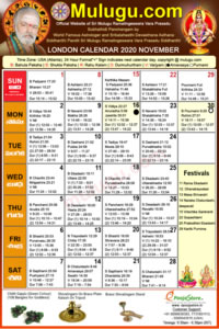 London Telugu Calendar 2020 November with Tithi, Nakshatram, Durmuhurtham Timings, Varjyam Timings and Rahukalam (Samayam's)Timings