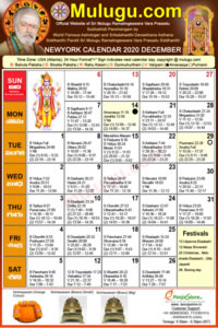 Chicago (USA) Telugu Calendar 2020 December with Tithi, Nakshatram, Durmuhurtham Timings, Varjyam Timings and Rahukalam (Samayam's)Timings
