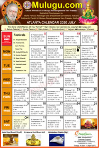 Chicago (USA) Telugu Calendar 2020 July with Tithi, Nakshatram, Durmuhurtham Timings, Varjyam Timings and Rahukalam (Samayam's)Timings