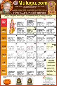 Perth (USA) Telugu Calendar 2020 December with Tithi, Nakshatram, Durmuhurtham Timings, Varjyam Timings and Rahukalam (Samayam's)Timings