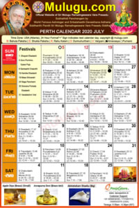 Perth (USA) Telugu Calendar 2020 July with Tithi, Nakshatram, Durmuhurtham Timings, Varjyam Timings and Rahukalam (Samayam's)Timings