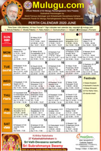 Perth (USA) Telugu Calendar 2020 June with Tithi, Nakshatram, Durmuhurtham Timings, Varjyam Timings and Rahukalam (Samayam's)Timings