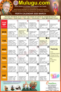 Perth (USA) Telugu Calendar 2020 March with Tithi, Nakshatram, Durmuhurtham Timings, Varjyam Timings and Rahukalam (Samayam's)Timings